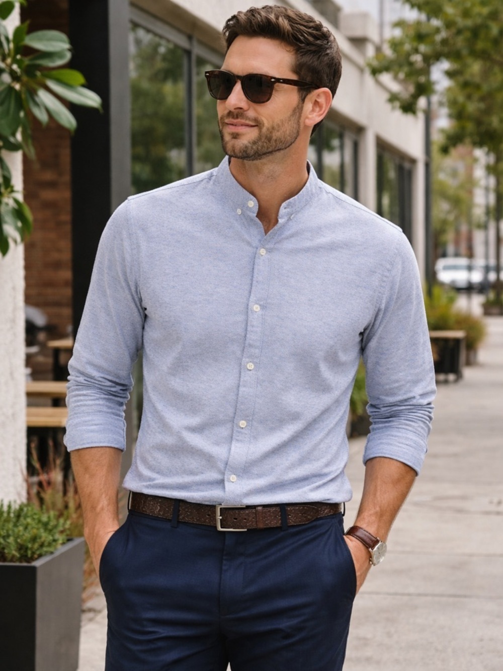 Zara Man Slim Fit Blue Button Up Shirt XL Band Collar Cotton Portugal